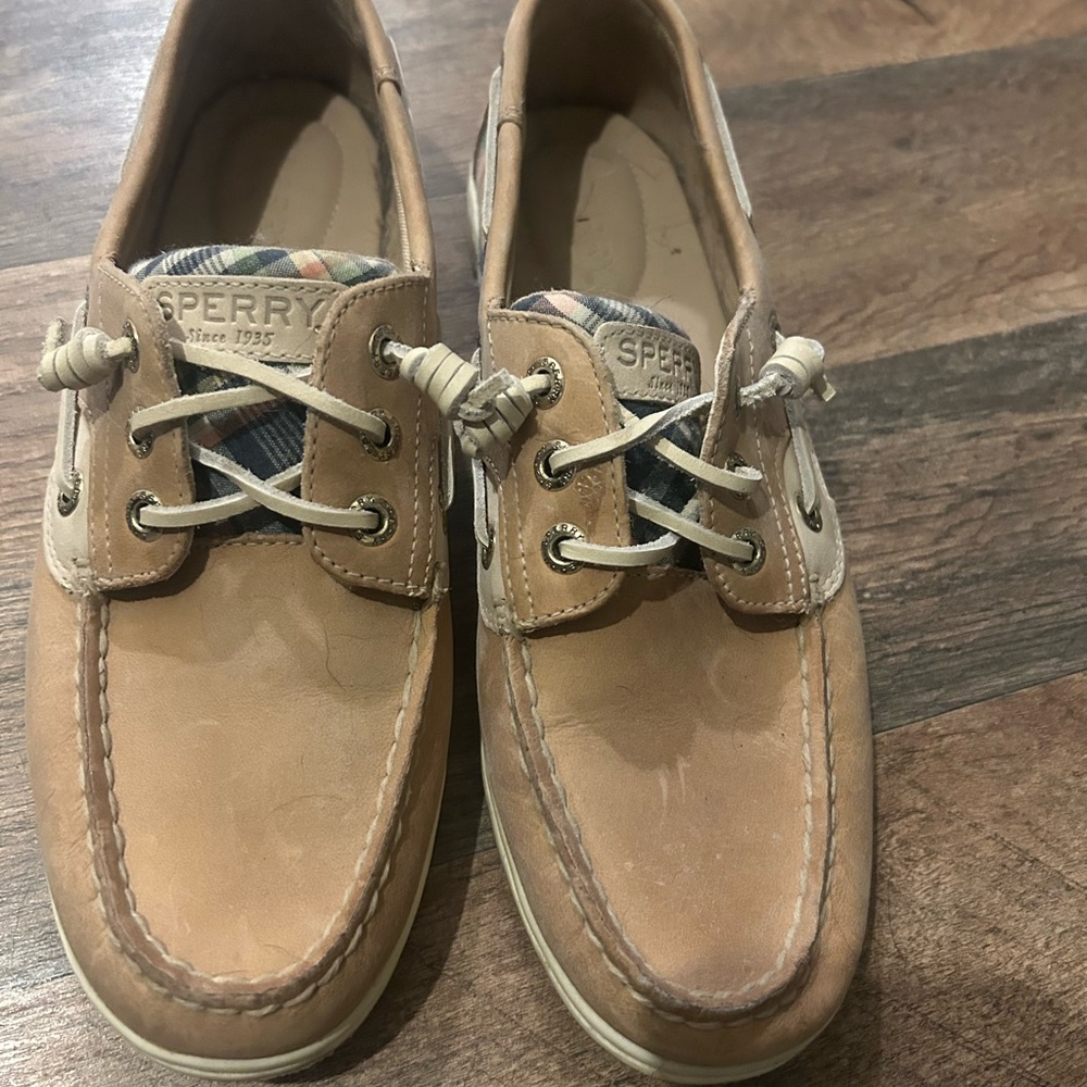 Sperry womens Light Brown with pink, blue, and green - Boat Shoes